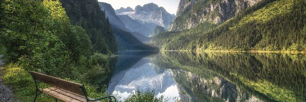 Ławka, Jezioro, Gosausee, Drzewa, Góry, Austria