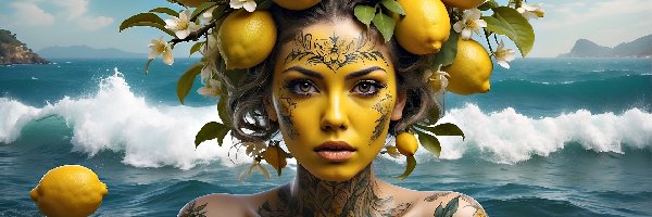 Kobieta, Grafika, Tatuaż, Morze, Cytryny