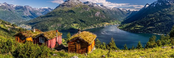 Domy, Rzeka Oldeelva, Niebo, Wieś Olden, Norwegia, Trawa, Góry