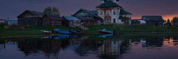 Kenozero, Obwód Archangielski, Wieczór, Cerkiew, Miejscowość, Rzeka, Budynki, Rosja