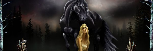 Koń, Góry, Noc, Kobieta