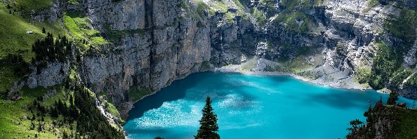 Oeschinensee, Skały, Jezioro, Drzewa, Góry, Szwajcaria