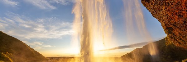 Islandia, Seljalandsfoss, Wodospad, Promienie Słońca, Skały