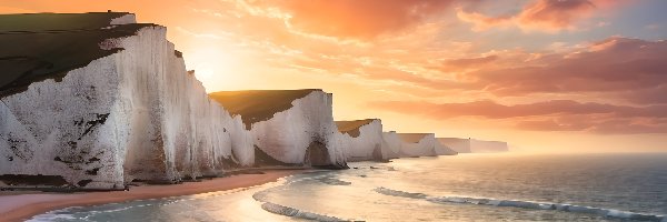 Seven Sisters, Klif, Grafika, Fala, Morze, Wielka Brytania, Anglia, Biały, Dover