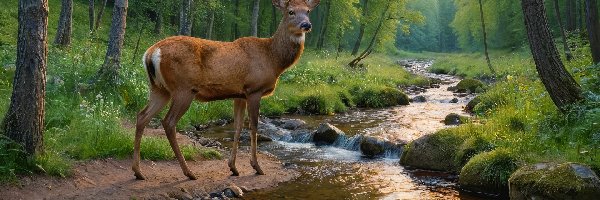 Kamienie, Drzewa, Potok, Trawa, Las, Jeleń