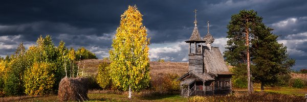 Obwód, Wzgórze, Rosja, Chmury, Drzewa, Łąki, Ciemne, Jesień, Cerkiew, Archangielski