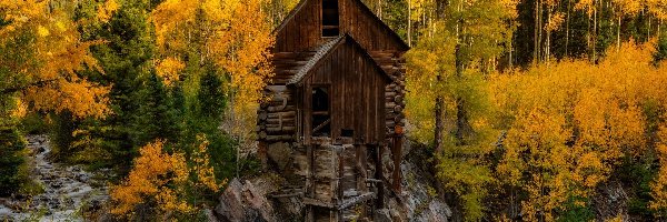 Skały, Młyn wodny, Crystal Mill, Kolorado, Stany Zjednoczone, Drzewa, Jesień