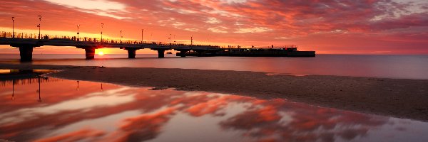 Plaża, Zachód słońca, Morze, Molo