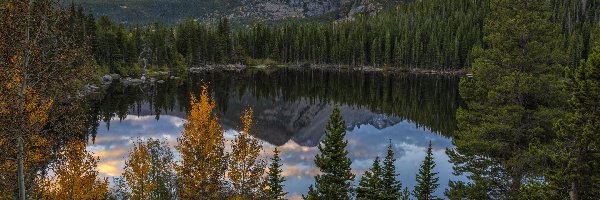 Góry, Las, Park Narodowy Gór Skalistych, Kolorado, Stany Zjednoczone, Odbicie, Jezioro, Jesień, Drzewa