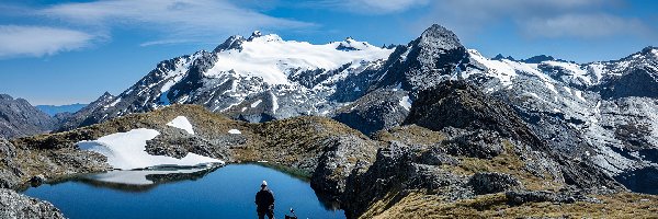 Jezioro, Alpy Południowe, Nowa Zelandia, Wyspa Południowa, Niebo, Lake Agnes, Chmury, Góry