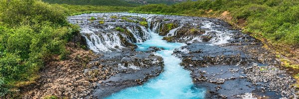 Lasy, Bruarfoss, Rzeka, Wodospad, Islandia, Skały, Bruara