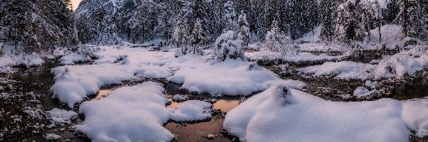 Zima, Jezioro, Góry, Drzewa, Ośnieżone