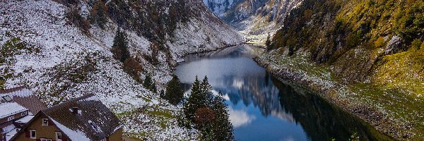 Szwajcaria, Jezioro, Falensee, Śnieg, Góry Alpstein, Drzewa, Dom