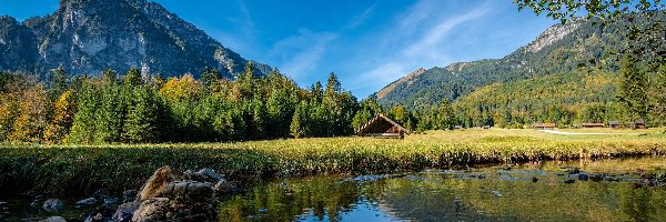 Jezioro, Góry, Łąka, Dom