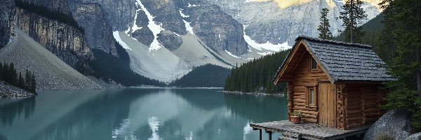 Moraine Lake, Góry, Grafika, Dom, Jezioro, Park Narodowy Banff, Drewniany, Kanada