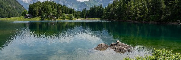 Góry, Jezioro, Szwajcaria, Kanton Uri, Arnisee, Drzewa, Las, Zbiornik zaporowy