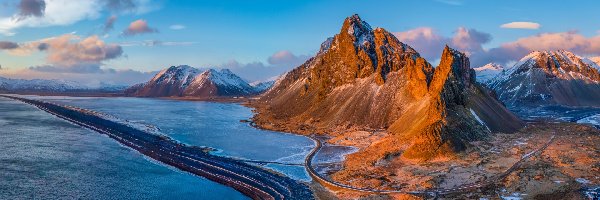 Wybrzeże, Góra, Chmury, Niebo, Eystrahorn, Morze, Zatoka, Islandia