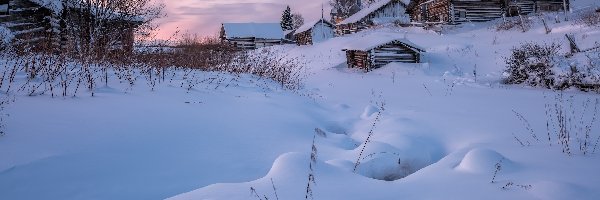 Kimzha, Obwód archangielski, Zaspy, Drzewa, Wieś, Zima, Domy, Rosja