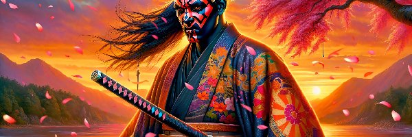 Maska, Samuraj, Grafika, Drzewo, Kimono, Zachód słońca, Góry, Darth Maul