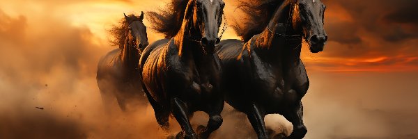 Kurz, Kare, Galop, Zachód słońca, Konie, Trzy
