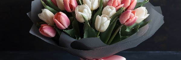 Różowe, Kokarda, Tulipany, Białe
