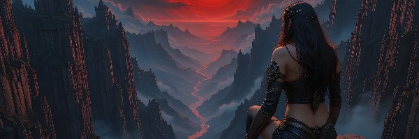 Czerwony, Wojowniczka, Fantasy, Góry, Skały, Księżyc, Rzeka, Kobieta