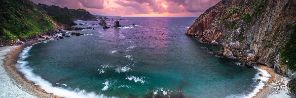 Skały, Góry, Morze, Asturia, Hiszpania, Playa del Silencio, Plaża, Zachód słońca, Zatoka