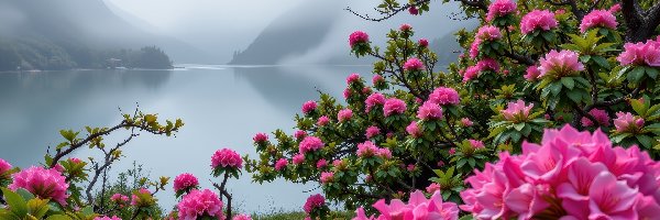 Rododendrony, Jezioro, Kwiaty, Grafika, Mgła
