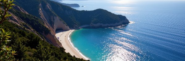 Morze, Plaża, Zatoka, Krzewy, Góry