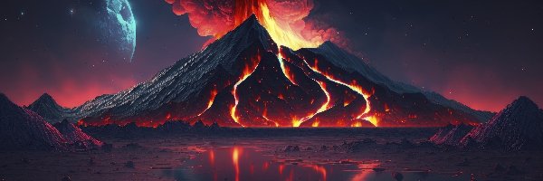 Księżyc, Dym, Erupcja, Wulkan, Noc, Grafika AI, Odbicie, Ogień, Jezioro