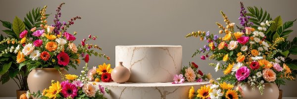 Podium, Kwiaty, Wazony, Kolorowe, Bukiety, Okrągłe, Dynie