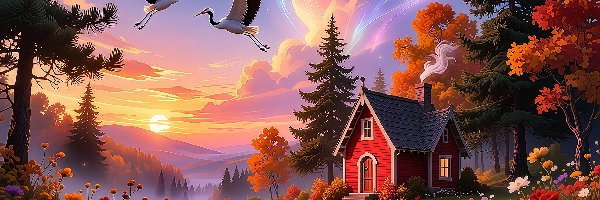 Bociany, Kwiaty, Drzewa, Grafika AI, Domek, Czerwony