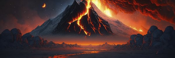 Jezioro, Wulkan, Odbicie, Ogień, AI, Kłęby, Skały, Noc, Dymu, Erupcja, Księżyc