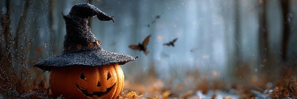 Nietoperze, Kapelusz, Liście, Grafika AI, Dynia, Halloween
