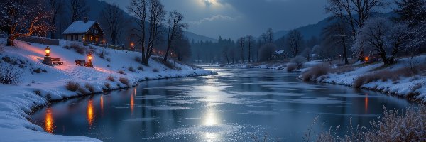 Śnieg, Lampy, Las, Jezioro, Zima, Noc, Księżyc, Dom, Drzewa