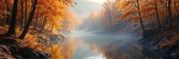 Jesień, Drzewa, Rzeka, Grafika AI, Mgła