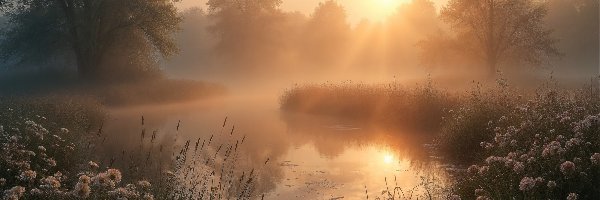Świt, Drzewa, Mgła, Grafika AI, Rośliny, Jezioro