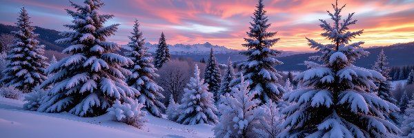 Wschód słońca, Ośnieżone, Zima, Zbocze, Drzewa