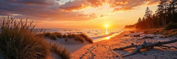 Plaża, Morze, Wydmy, Grafika AI, Zachód słońca