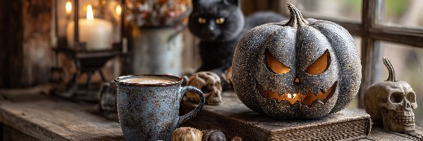 Halloween, Czaszka, Cukierki, Grafika AI, Kubek, Dynia