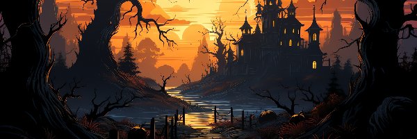 Rzeka, Księżyc, Drzewa, Dynie, Zamek, Fantasy