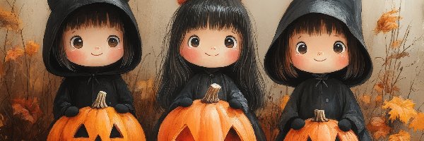 Dynie, Dziewczynki, Stroje, Liście, Trzy, Halloween
