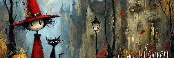 Halloween, Dynie, Domy, Grafika AI, Kot, Postać