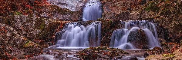 Wodospad, Jesień, Drzewa, Skały