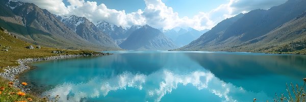 Odbicie, Kwiaty, Chmury, AI, Jezioro, Góry