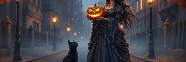 Kot, Czarownica, Ulica, Płaszcz, Halloween, Czarny, Czarny, Latarnie, Kapelusz, Czarny, Domy