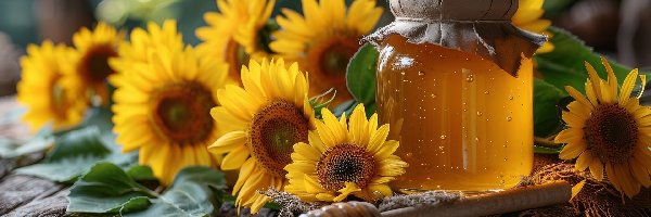 Stare, Nabierak, Słoneczniki ozdobne, Deski, Słoik, Miód