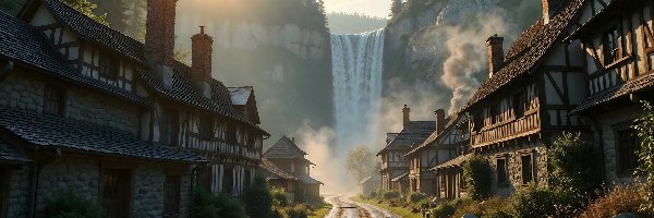 Domy, Skały, Wodospad, Droga