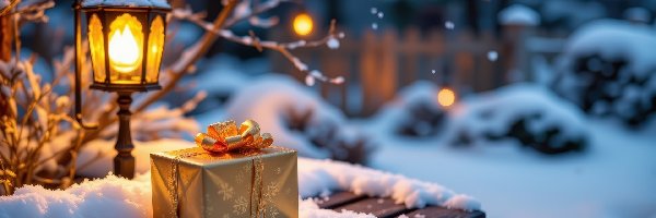 Lampa, Ławka, Prezent, Gałęzie, Śnieg, Zima