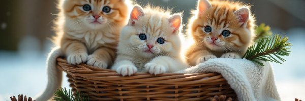 Gałązki, Śnieg, Grafika AI, Koc, Rude, Koty, Kosz, Zima, Trzy, Szyszki